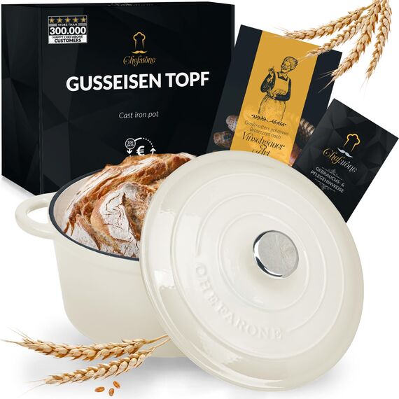 Gusseisen Topf Brot Backen 24 Cm, 3,5 L Schmortopf, Emailliert Zum Schmoren, und Braten, Brotbacktopf mit Deckel Induktion Bräter (Creme)