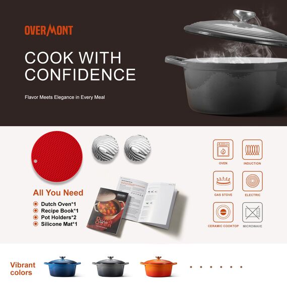 Overmont Bräter Emaille Gusseisen Topf - Schmortopf 26cm backofengeeignet - mit Deckel und Kochbuch - für Küche Backen Schmoren Braten Grau