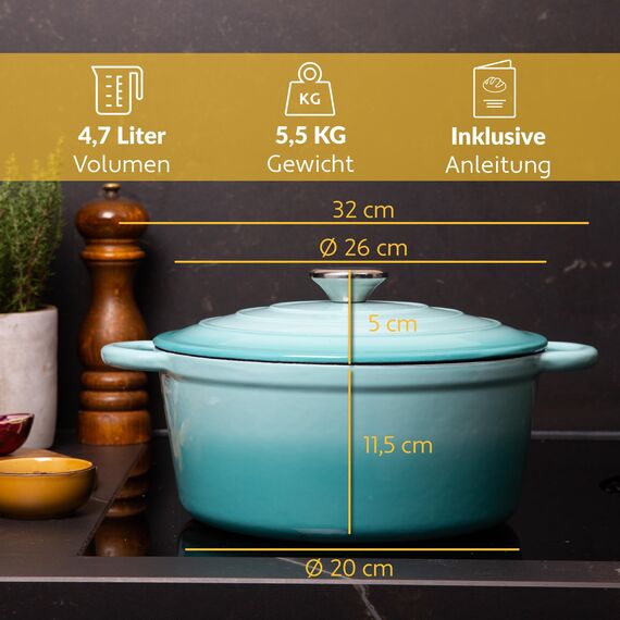 Chefarone Gusseisen Topf 26 cm 4,7 L emailliert - Schmortopf mit Deckel Induktion - Gusseisen Bräter Topf Brot backen - Cocotte emaille - Bratentopf - Brotbacktopf