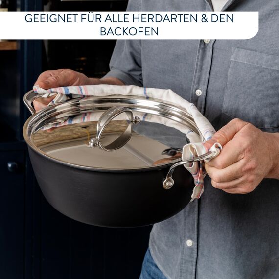 Tefal Jamie Oliver Batch-Cooking Set, Harteloxierter Kochtopf Induktion 30 cm, Antihaftversiegelung, für große Mengen, Thermo-Signal bei idealer Brattemperatur, Edelstahl/Schwarz, H91254