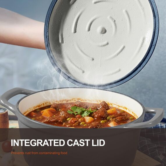 Overmont Bräter Emaille Gusseisen Topf - Schmortopf 26cm backofengeeignet - mit Deckel und Kochbuch - für Küche Backen Schmoren Braten Grau