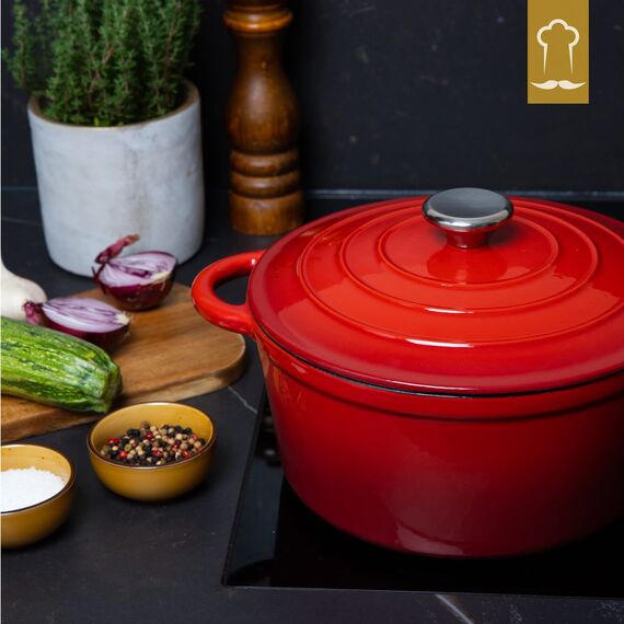 Chefarone Gusseisen Topf 24 cm, 3,5 L – Schmortopf emailliert mit Deckel für Brot backen, Schmoren & Braten – Brotbacktopf Induktion