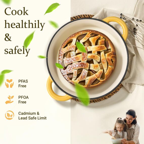 Overmont Bräter Emaille Gusseisen Topf - Schmortopf 26cm backofengeeignet - mit Deckel und Kochbuch - für Küche Backen Schmoren Braten