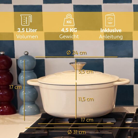 Gusseisen Topf Brot Backen 24 Cm, 3,5 L Schmortopf, Emailliert Zum Schmoren, und Braten, Brotbacktopf mit Deckel Induktion Bräter (Creme)