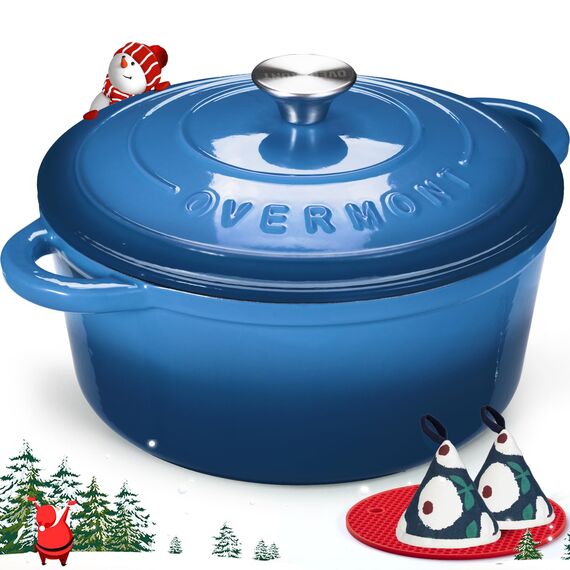 Overmont Schmortopf Gusseisen Topf 26cm - Emaille Bräter mit Deckel backofengeeignet - mit Kochbuch - für Küche Backen Schmoren Braten Blau