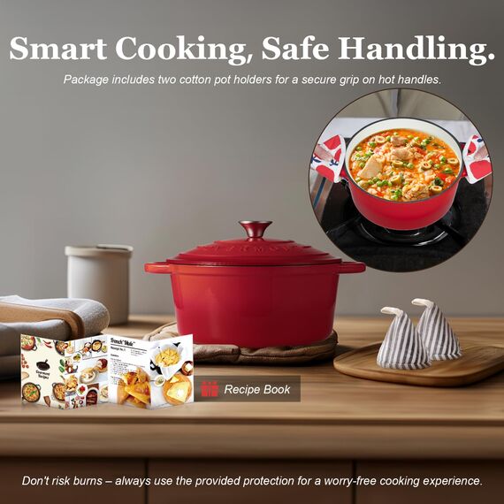 Overmont Bräter emaille Gusseisen Topf - Schmortopf 24cm backofengeeignet - mit Deckel und Kochbuch - für Küche Backen Schmoren Braten Rot