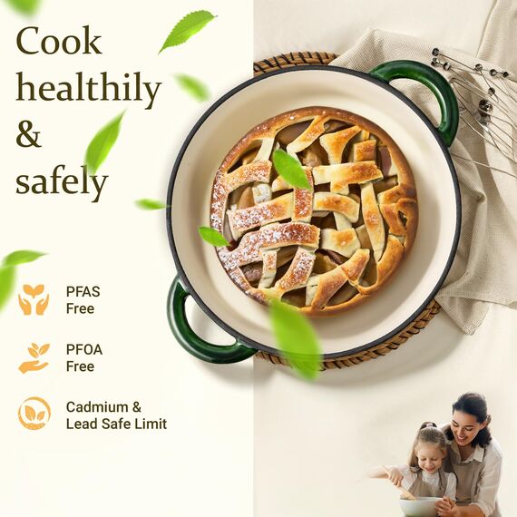 Overmont Bräter Emaille Gusseisen Topf - Schmortopf 26cm backofengeeignet - mit Deckel und Kochbuch - für Küche Backen Schmoren Braten