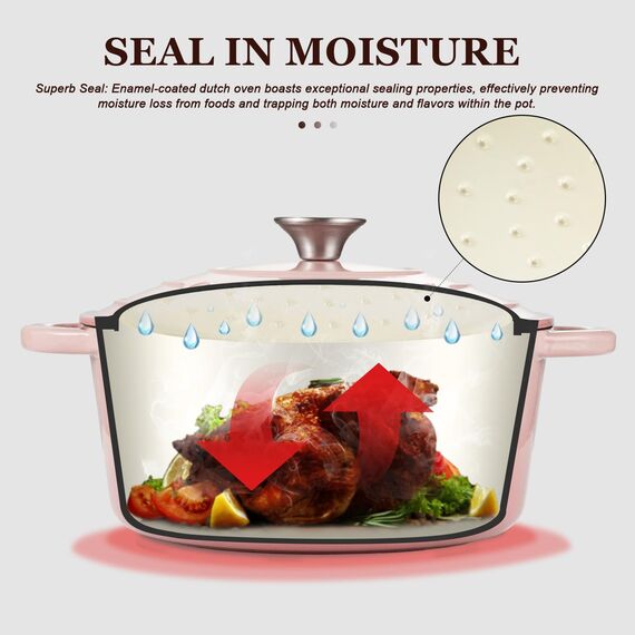 Overmont Bräter emaille Gusseisen Topf - Schmortopf 26cm backofengeeignet - mit Deckel und Kochbuch - für Küche Backen Schmoren Braten Rosa
