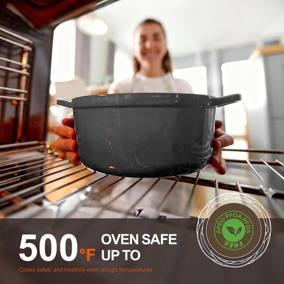 Overmont Bräter Emaille Gusseisen Topf - Schmortopf 26cm backofengeeignet - mit Deckel und Kochbuch - für Küche Backen Schmoren Braten Grau