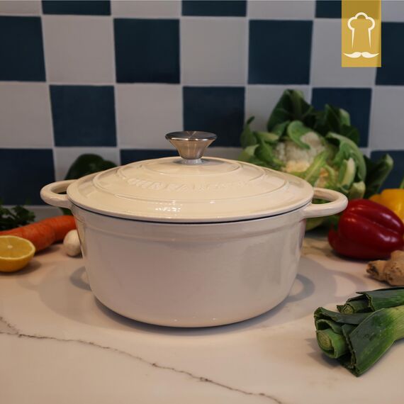 Gusseisen Topf Brot Backen 24 Cm, 3,5 L Schmortopf, Emailliert Zum Schmoren, und Braten, Brotbacktopf mit Deckel Induktion Bräter (Creme)