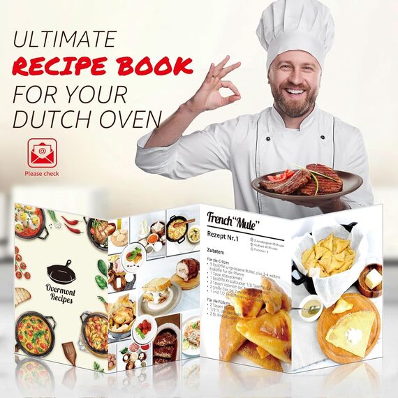 Overmont Schmortopf Gusseisen Topf 26cm - Emaille Bräter mit Deckel backofengeeignet - mit Kochbuch - für Küche Backen Schmoren Braten Orange