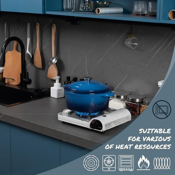 Overmont Schmortopf Gusseisen Topf 26cm - Emaille Bräter mit Deckel backofengeeignet - mit Kochbuch - für Küche Backen Schmoren Braten Blau