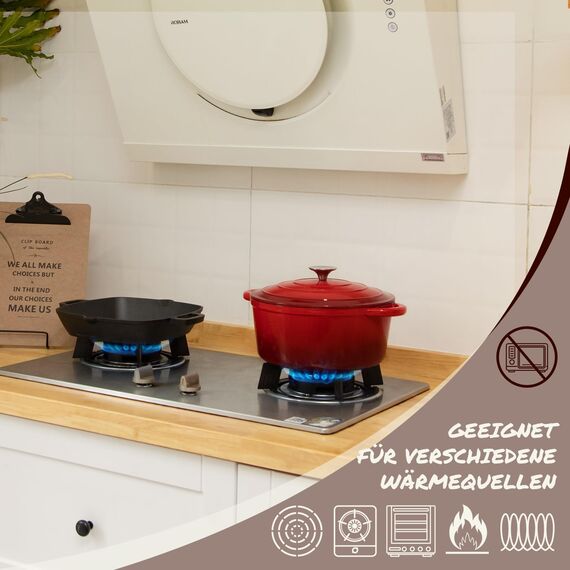 Overmont Schmortopf Gusseisen Topf 26cm - Emaille Bräter mit Deckel backofengeeignet - mit Kochbuch - für Küche Backen Schmoren Braten Rot