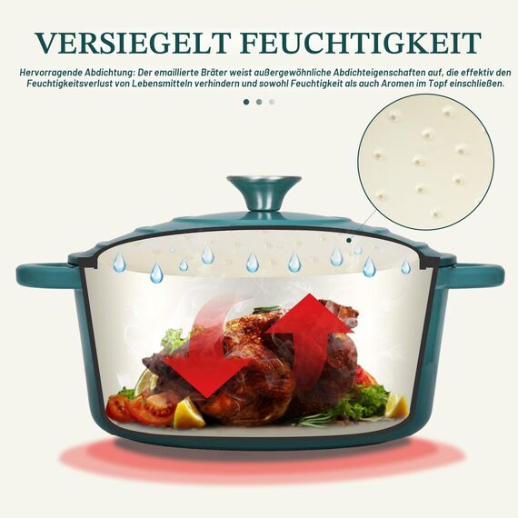 Overmont Bräter emaille Gusseisen Topf - Schmortopf 26cm backofengeeignet - mit Deckel und Kochbuch - für Küche Backen Schmoren Braten Seeblau