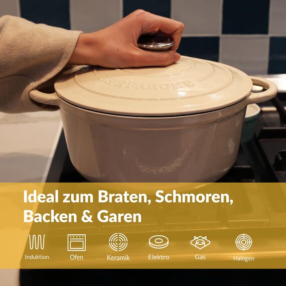Gusseisen Topf Brot Backen 24 Cm, 3,5 L Schmortopf, Emailliert Zum Schmoren, und Braten, Brotbacktopf mit Deckel Induktion Bräter (Creme)