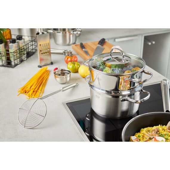 RÖSLE ELEGANCE Dämpfer Ø 20 cm, Edelstahl 18/10, Schüttrand, Innenskalierung, Glasdeckel, induktionsgeeignet, spülmaschinengeeignet, 22 x 29 x 23 cm, Silbern