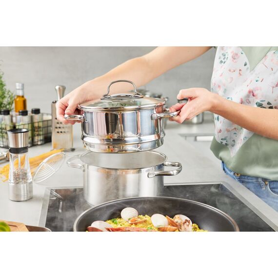 RÖSLE ELEGANCE Dämpfer Ø 20 cm, Edelstahl 18/10, Schüttrand, Innenskalierung, Glasdeckel, induktionsgeeignet, spülmaschinengeeignet, 22 x 29 x 23 cm, Silbern