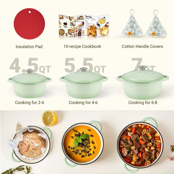 Overmont Bräter Emaille Gusseisen Topf - Schmortopf 26cm backofengeeignet - mit Deckel und Kochbuch - für Küche Backen Schmoren Braten