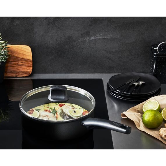 Tefal Hard Titanium On Schmorpfanne 28 cm mit Deckel, Bratpfanne Induktion, Aluminium, Antihaftversiegelung, Thermo-Signal bei idealer Brattemperatur, für alle Herdarten geeignet, Schwarz, G28837