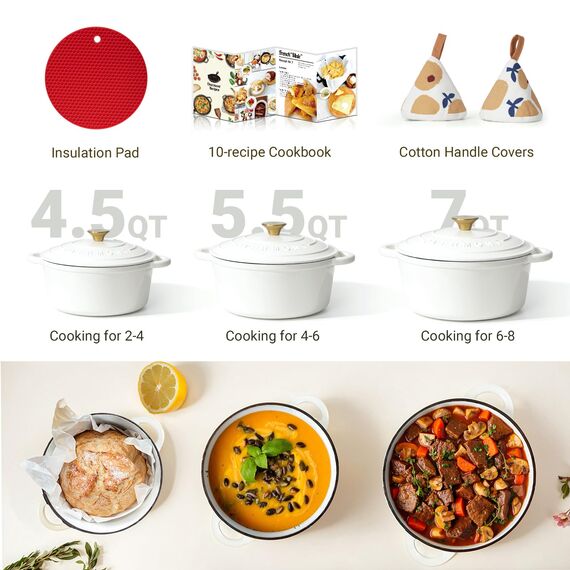 Overmont Bräter emaille Gusseisen Topf - Schmortopf 26cm backofengeeignet - mit Deckel und Kochbuch - für Küche Backen Schmoren Braten Perlweiß