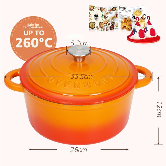 Overmont Schmortopf Gusseisen Topf 26cm - Emaille Bräter mit Deckel backofengeeignet - mit Kochbuch - für Küche Backen Schmoren Braten Orange