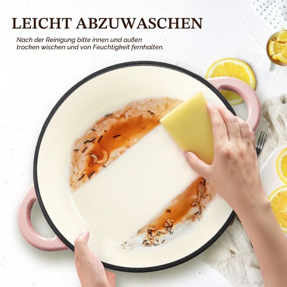Overmont Bräter emaille Gusseisen Topf - Schmortopf 28cm backofengeeignet - mit Deckel und Kochbuch - für Küche Backen Schmoren Braten Rosa