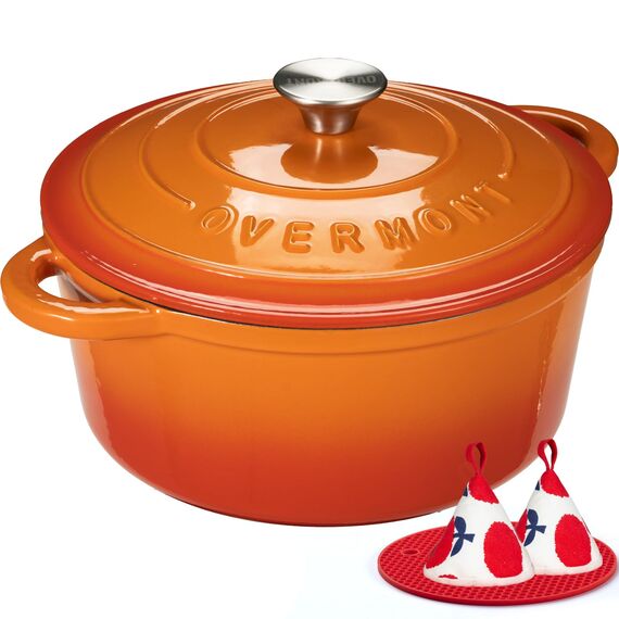 Overmont Bräter emaille Gusseisen Topf - Schmortopf 24cm backofengeeignet - mit Deckel und Kochbuch - für Küche Backen Schmoren Braten Orange