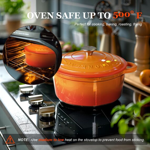 Overmont Bräter emaille Gusseisen Topf - Schmortopf 28cm backofengeeignet - mit Deckel und Kochbuch - für Küche Backen Schmoren Braten Orange