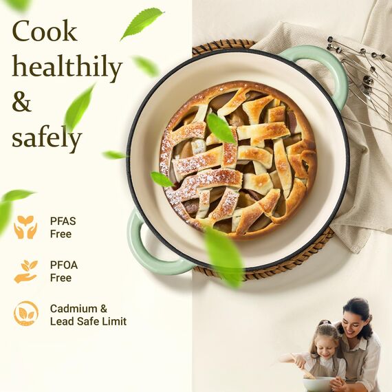 Overmont Bräter Emaille Gusseisen Topf - Schmortopf 26cm backofengeeignet - mit Deckel und Kochbuch - für Küche Backen Schmoren Braten