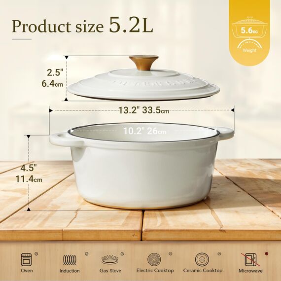 Overmont Bräter emaille Gusseisen Topf - Schmortopf 26cm backofengeeignet - mit Deckel und Kochbuch - für Küche Backen Schmoren Braten Perlweiß