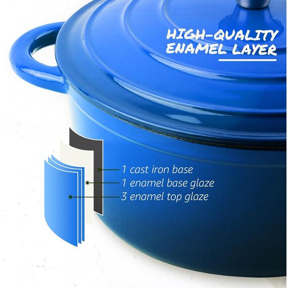 Overmont Schmortopf Gusseisen Topf 26cm - Emaille Bräter mit Deckel backofengeeignet - mit Kochbuch - für Küche Backen Schmoren Braten Blau