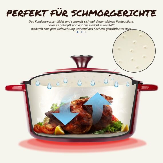 Overmont Schmortopf Gusseisen Topf 26cm - Emaille Bräter mit Deckel backofengeeignet - mit Kochbuch - für Küche Backen Schmoren Braten Rot