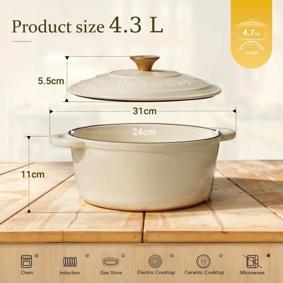 Overmont Bräter emaille Gusseisen Topf - Schmortopf 24cm backofengeeignet - mit Deckel und Kochbuch - für Küche Backen Schmoren Braten Weiß