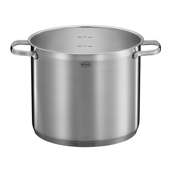 RÖSLE ELEGANCE Gemüse/Partytopf, Hochwertiger Edelstahltopf zum Kochen großer Mengen, 8 Liter, Edelstahl 18/10, Innenskalierung, Induktionsgeeignet, Spülmaschinengeeignet, 33 x 25.5 x 28 cm