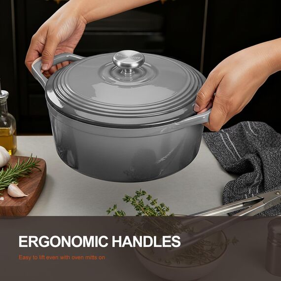 Overmont Bräter Emaille Gusseisen Topf - Schmortopf 26cm backofengeeignet - mit Deckel und Kochbuch - für Küche Backen Schmoren Braten Grau