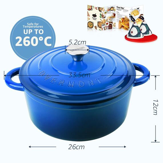 Overmont Schmortopf Gusseisen Topf 26cm - Emaille Bräter mit Deckel backofengeeignet - mit Kochbuch - für Küche Backen Schmoren Braten Blau