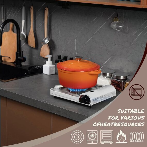 Overmont Schmortopf Gusseisen Topf 26cm - Emaille Bräter mit Deckel backofengeeignet - mit Kochbuch - für Küche Backen Schmoren Braten Orange