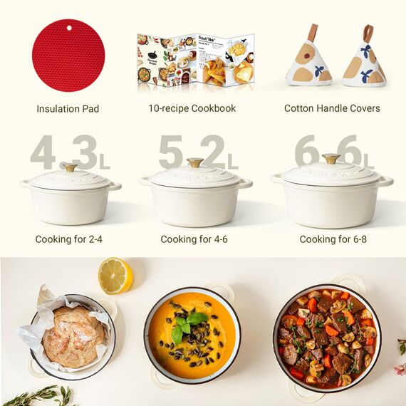 Overmont Bräter emaille Gusseisen Topf - Schmortopf 24cm backofengeeignet - mit Deckel und Kochbuch - für Küche Backen Schmoren Braten Weiß