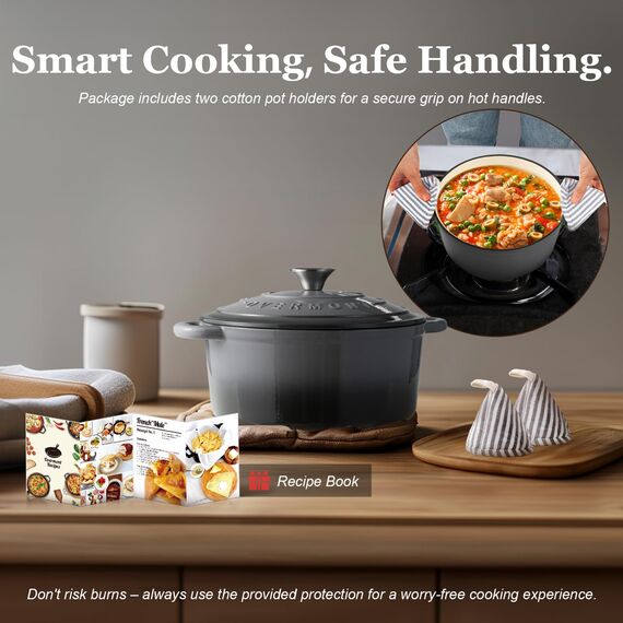 Overmont Bräter Emaille Gusseisen Topf - Schmortopf 28cm backofengeeignet - mit Deckel und Kochbuch - für Küche Backen Schmoren Braten Grau