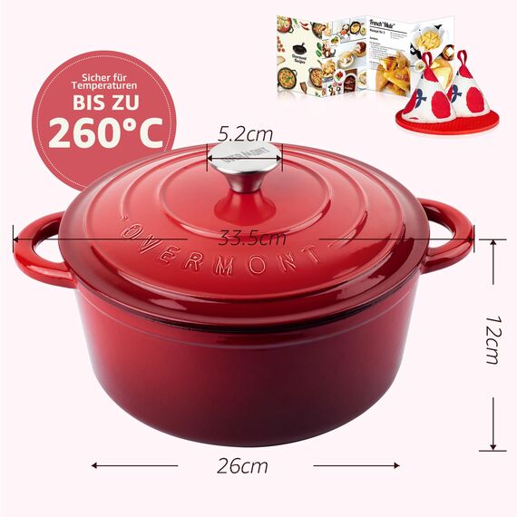 Overmont Schmortopf Gusseisen Topf 26cm - Emaille Bräter mit Deckel backofengeeignet - mit Kochbuch - für Küche Backen Schmoren Braten Rot
