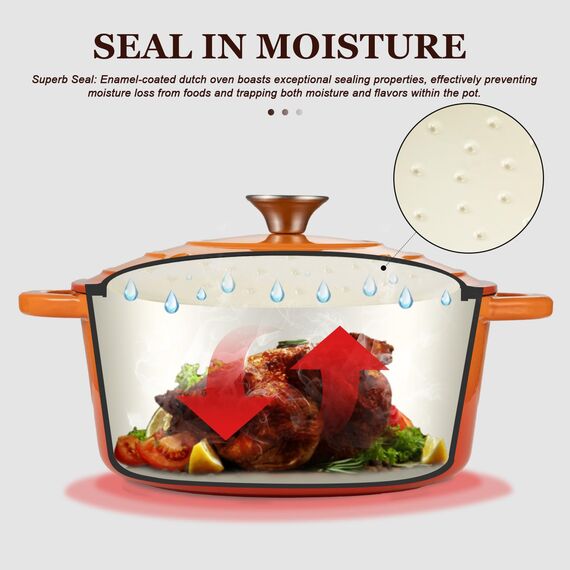 Overmont Bräter emaille Gusseisen Topf - Schmortopf 28cm backofengeeignet - mit Deckel und Kochbuch - für Küche Backen Schmoren Braten Orange