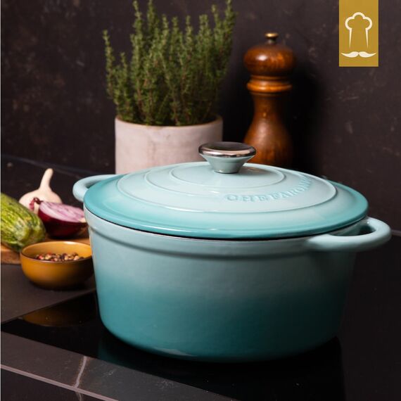 Chefarone Gusseisen Topf 26 cm 4,7 L emailliert - Schmortopf mit Deckel Induktion - Gusseisen Bräter Topf Brot backen - Cocotte emaille - Bratentopf - Brotbacktopf