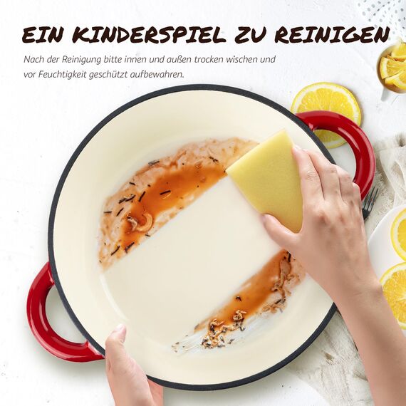 Overmont Schmortopf Gusseisen Topf 26cm - Emaille Bräter mit Deckel backofengeeignet - mit Kochbuch - für Küche Backen Schmoren Braten Rot
