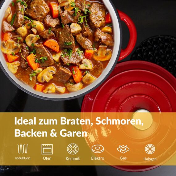 Gusseisen Topf 26 cm 4,7 L emailliert - Schmortopf mit Deckel Induktion - Gusseisen Bräter Topf Brot backen - Cocotte emaille - Bratentopf - Brotbacktopf