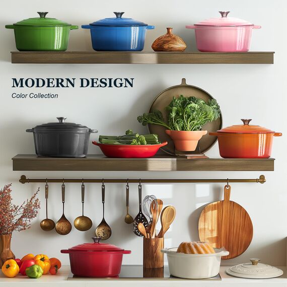 Overmont Bräter emaille Gusseisen Topf - Schmortopf 24cm backofengeeignet - mit Deckel und Kochbuch - für Küche Backen Schmoren Braten Blau