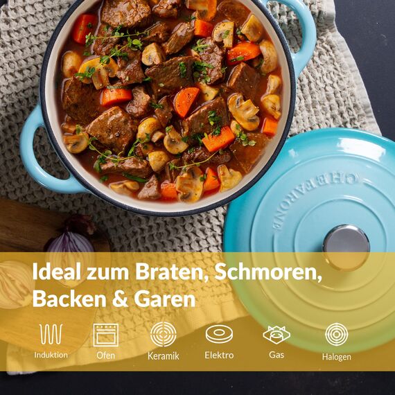 Chefarone Gusseisen Topf 26 cm 4,7 L emailliert - Schmortopf mit Deckel Induktion - Gusseisen Bräter Topf Brot backen - Cocotte emaille - Bratentopf - Brotbacktopf