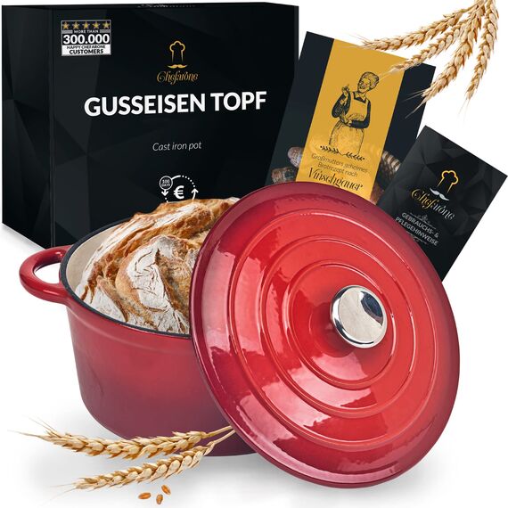 Chefarone Gusseisen Topf 24 cm, 3,5 L – Schmortopf emailliert mit Deckel für Brot backen, Schmoren & Braten – Brotbacktopf Induktion