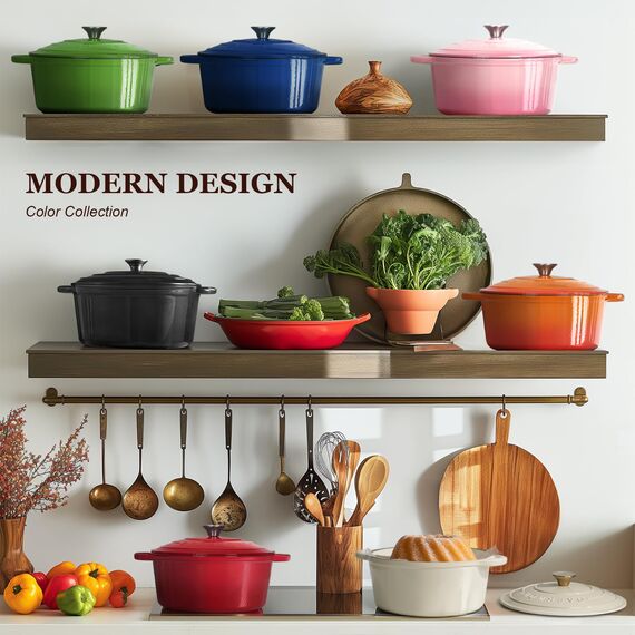 Overmont Bräter Emaille Gusseisen Topf - Schmortopf 26cm backofengeeignet - mit Deckel und Kochbuch - für Küche Backen Schmoren Braten