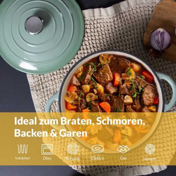 Chefarone Gusseisen Topf 24 cm, 3,5 L – Schmortopf emailliert mit Deckel für Brot backen, Schmoren & Braten – Brotbacktopf Induktion