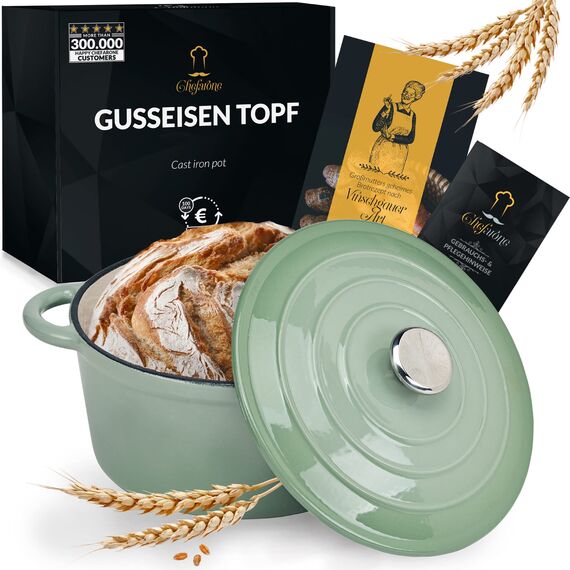 Chefarone Gusseisen Topf 24 cm, 3,5 L – Schmortopf emailliert mit Deckel für Brot backen, Schmoren & Braten – Brotbacktopf Induktion